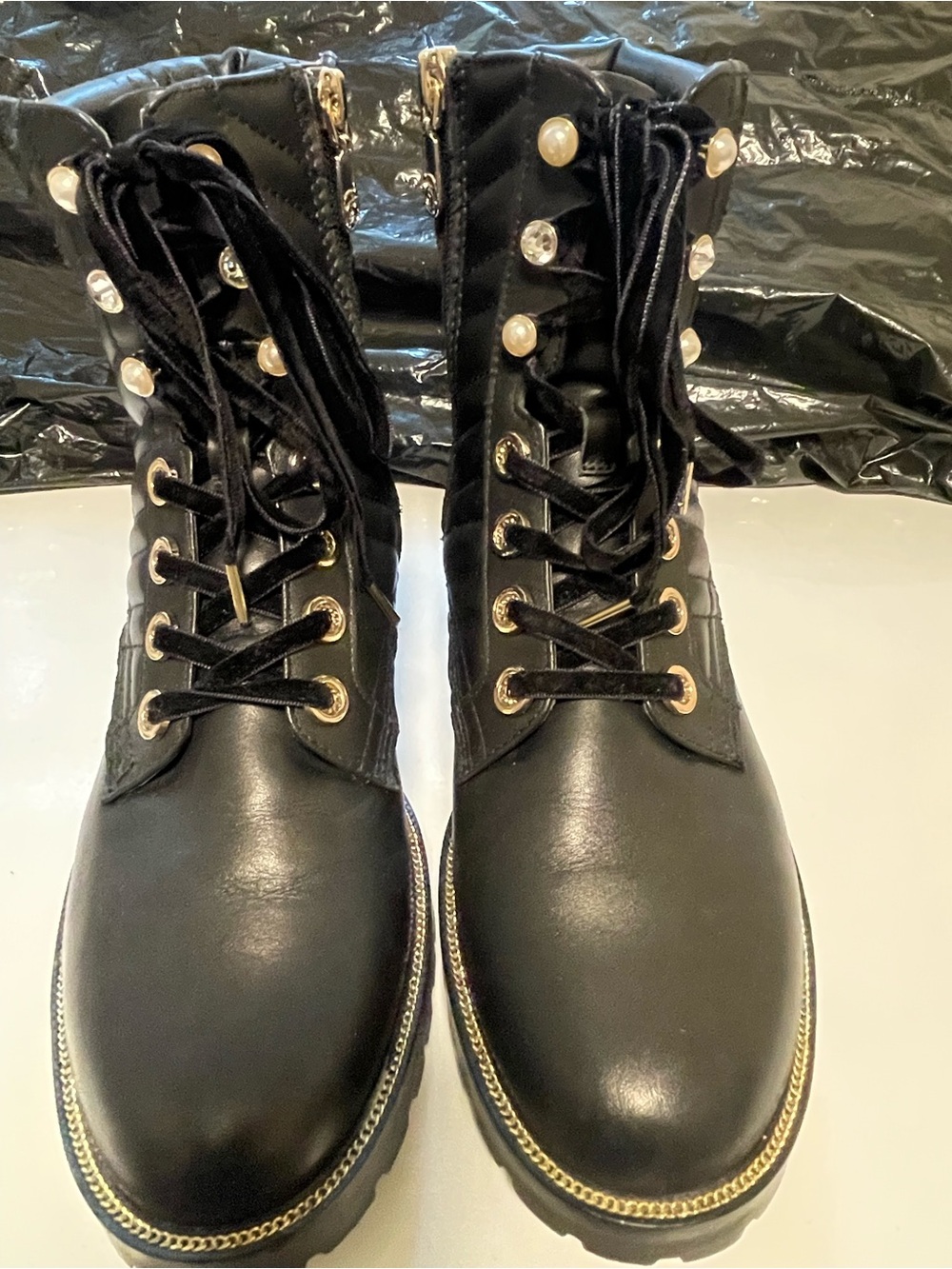 Women’s Black Lace-Up Ankle Boots with Gold Trim